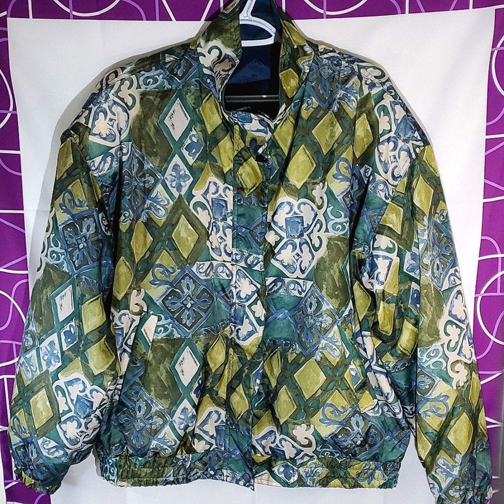 Sequence Vintage Green/Teal Patterned Windbreaker Jacket - Size Large (14-16)